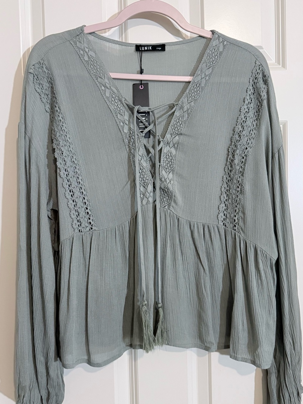 Lunik Women's Lace-Trim Tie-Front Peasant Blouse 100% Rayon